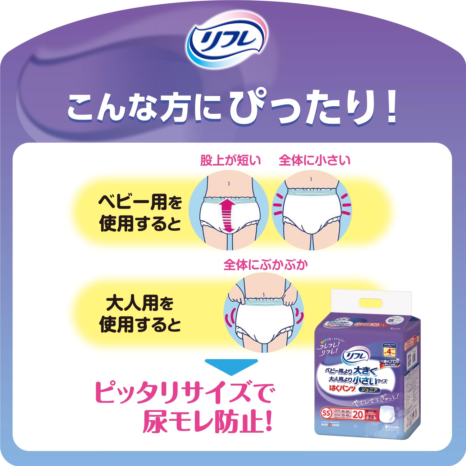 リフレ ベビー用より大きく大人用より小さいサイズ SS34 34枚入りΧ3 リフレ はくパンツ ジュニア ベビー用より大きく大人用より小さい SS